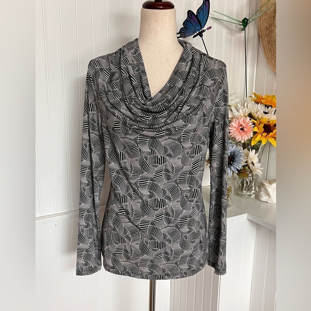 Anne Klein Black & White Print Draped Neckline Blouse